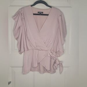 Express Size Small Pink Tie at Waist Blouse‎ Flowy Sleeves Ruffle